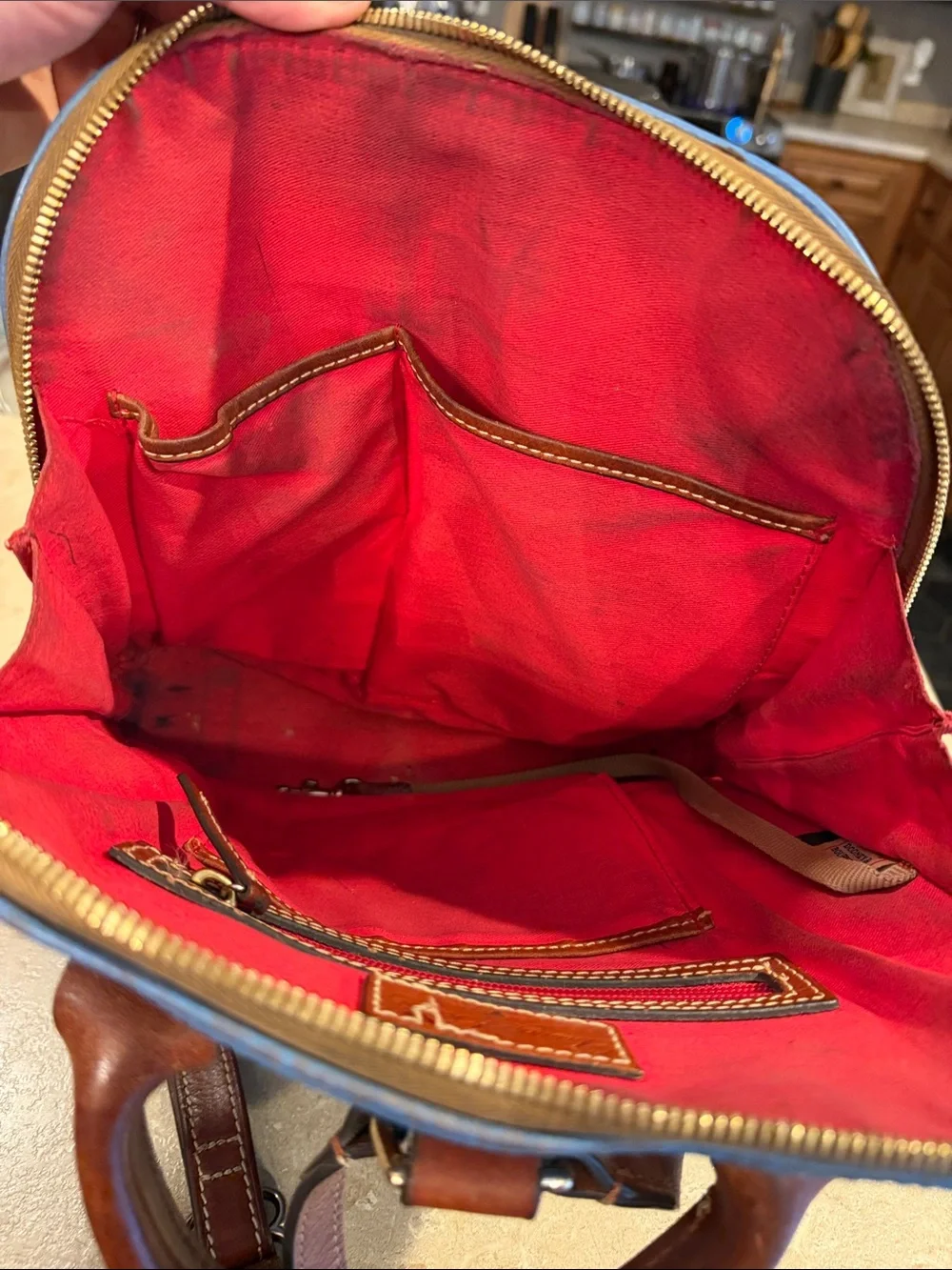 Dooney & Bourke Light Blue Leather Backpack with Brown Trim